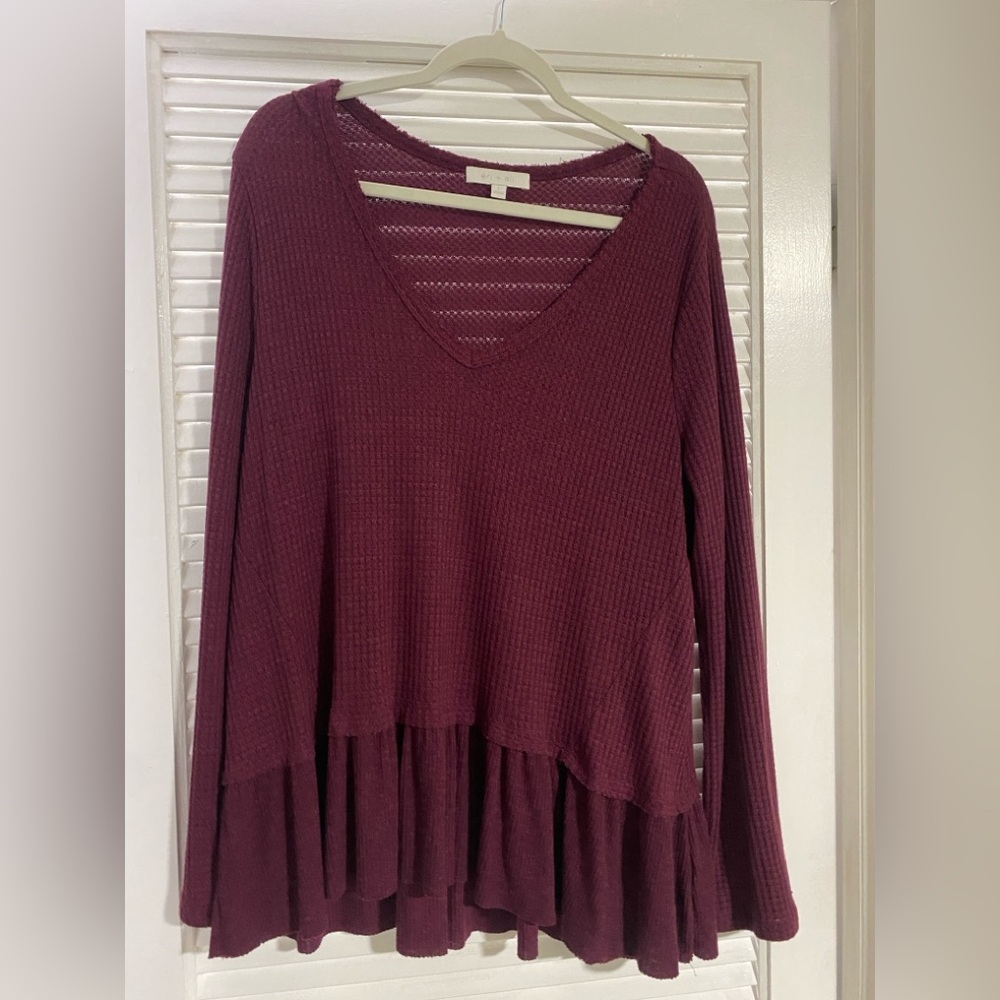 Anthropologie | Women's V-Neck Long Sleeve Ruffle Hem Top - Plum | Size L